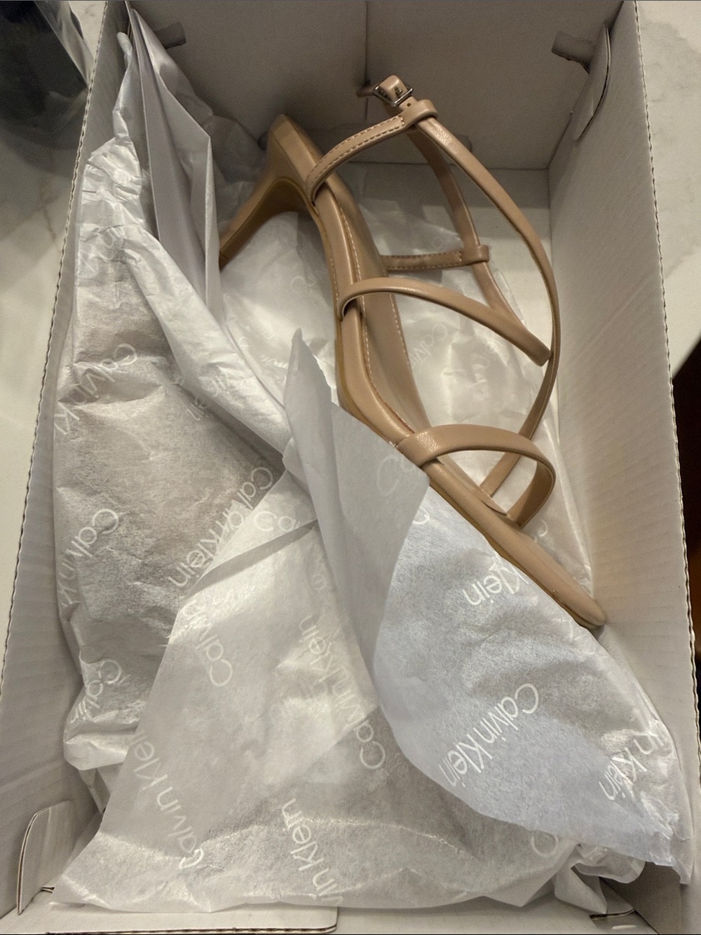 Calvin Klein Beige Nude Strappy Mid-Heel Sandals